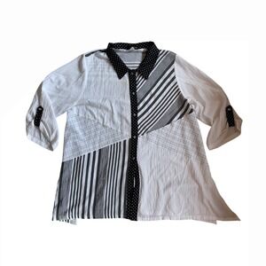 VTG oversized polka dot striped boho funky‎ black white collard shirt jacket XXL